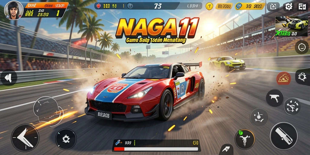 Screenshot utama NAGA11 menampilkan aksi balapan yang mendebarkan.