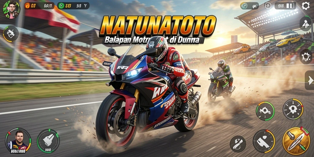 Tampilan gameplay seru dalam NATUNATOTO dengan balapan motor yang cepat.