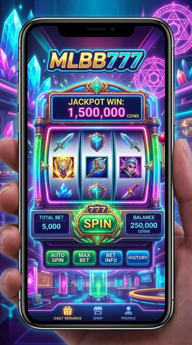 Tampilan utama aplikasi mlbb777 dengan banyak pilihan game.